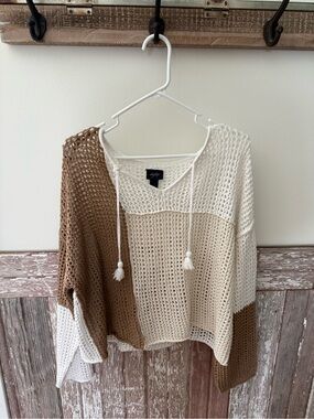 Daytrip Colorblock Open-Knit Cowl Sweater - Cream & Brown